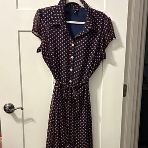 Voir Voir Navy and Orange Polka Dot Midi Dress